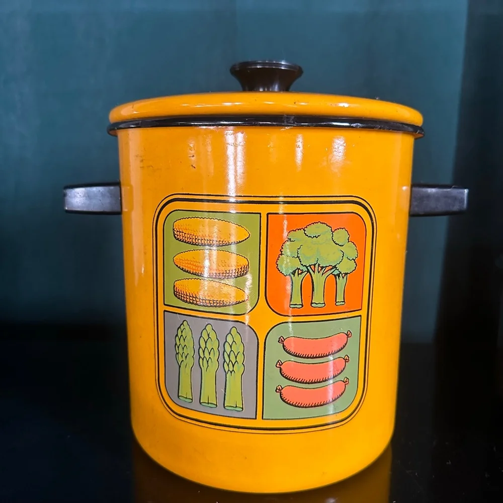 Vintage MCM Enamelware Vegetable Stock Pot Enamel Yellow Corn Asparagus Broccoli